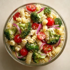 Fresh broccoli pasta salad with colorful vegetables and dressing