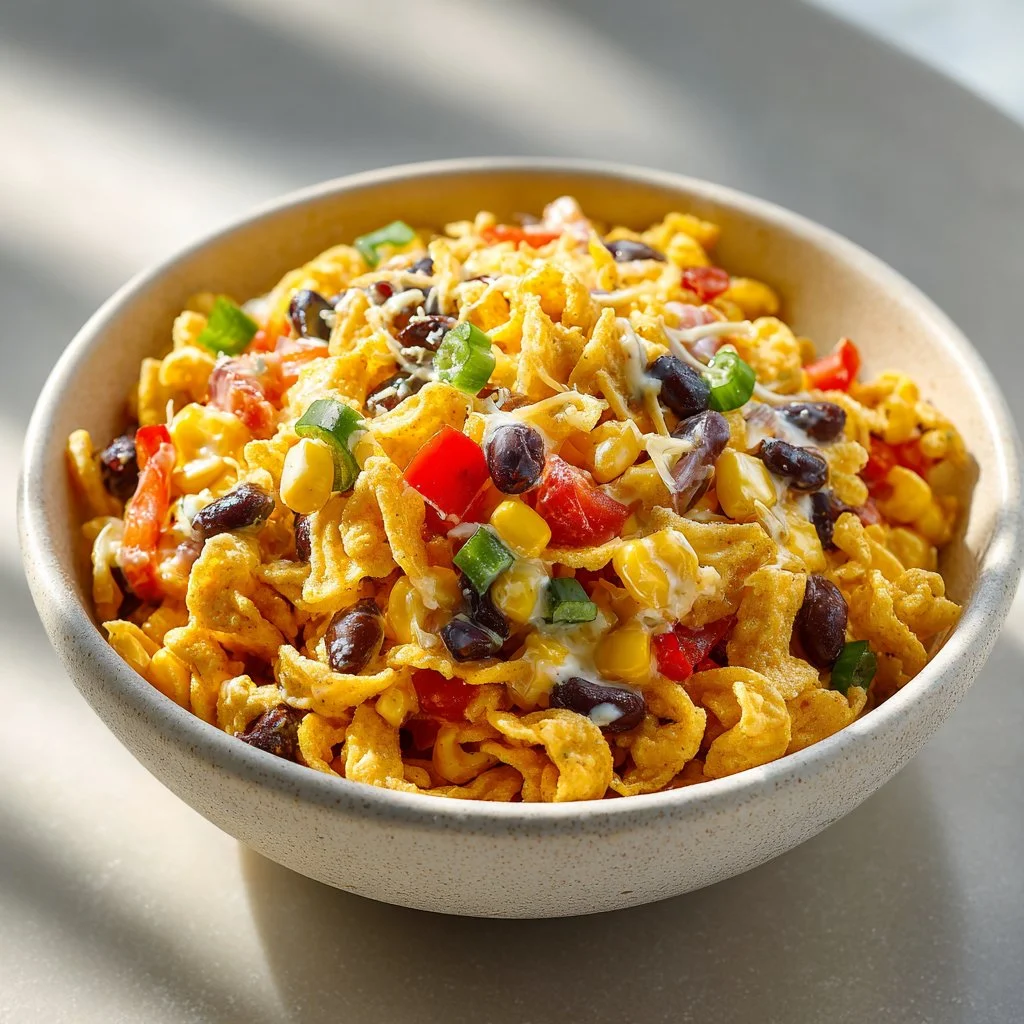 Delicious Frito Corn Salad topped with crunchy Fritos and fresh ingredients