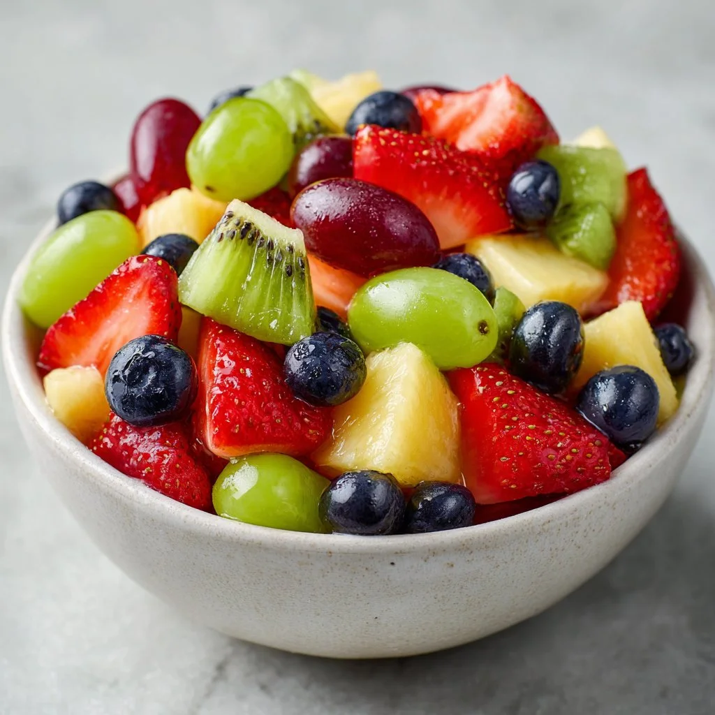 A vibrant bowl of fresh fruit salad with assorted seasonal fruits