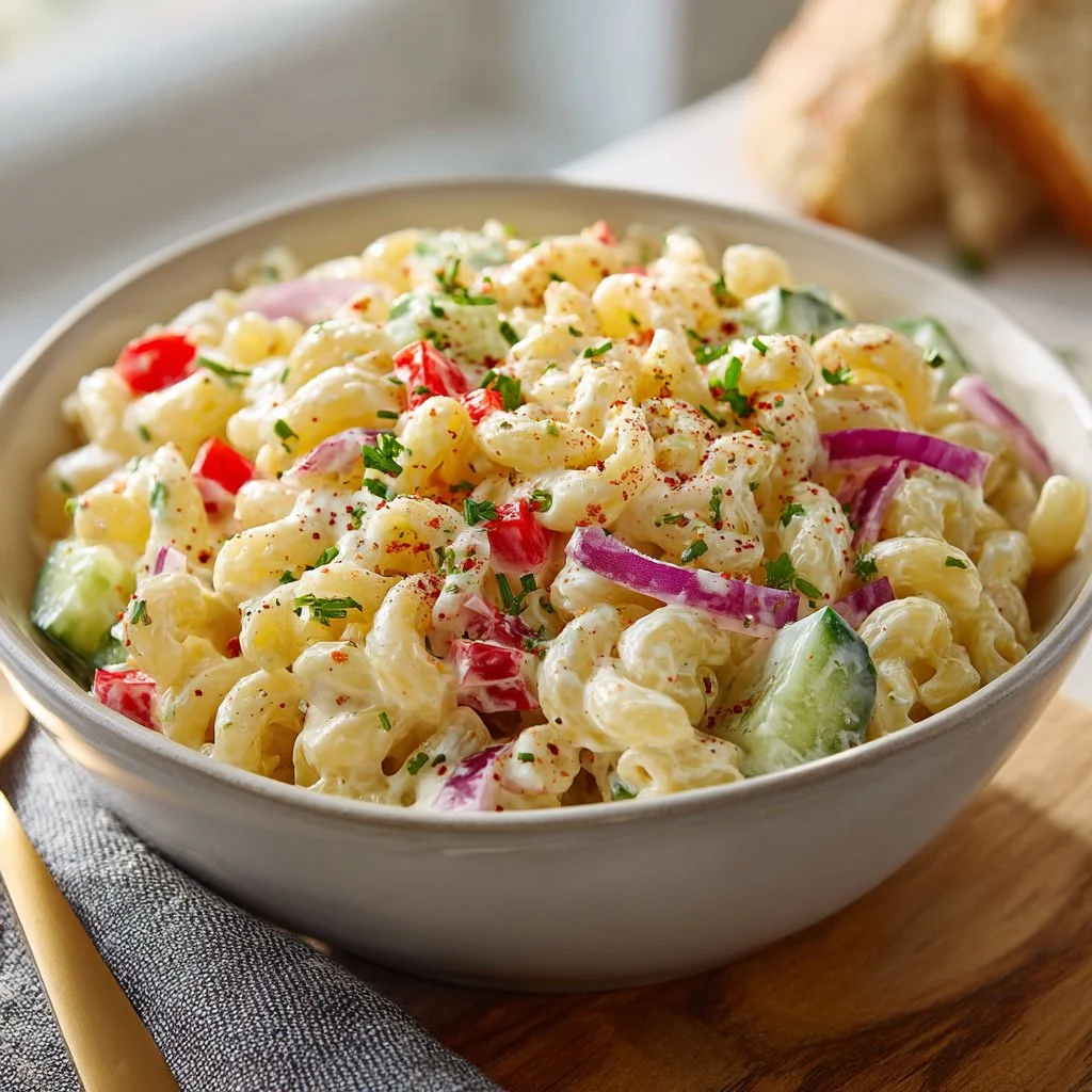 Gordon Ramsay's Macaroni Salad prepared with fresh ingredients and vibrant colors.