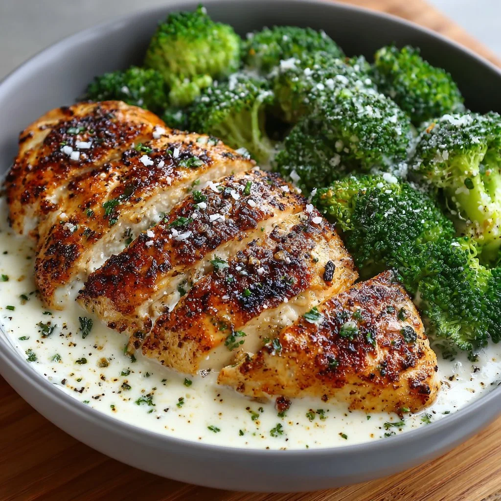 Grilled Chicken & Broccoli Bowls with Creamy Garlic Sauce Recipe