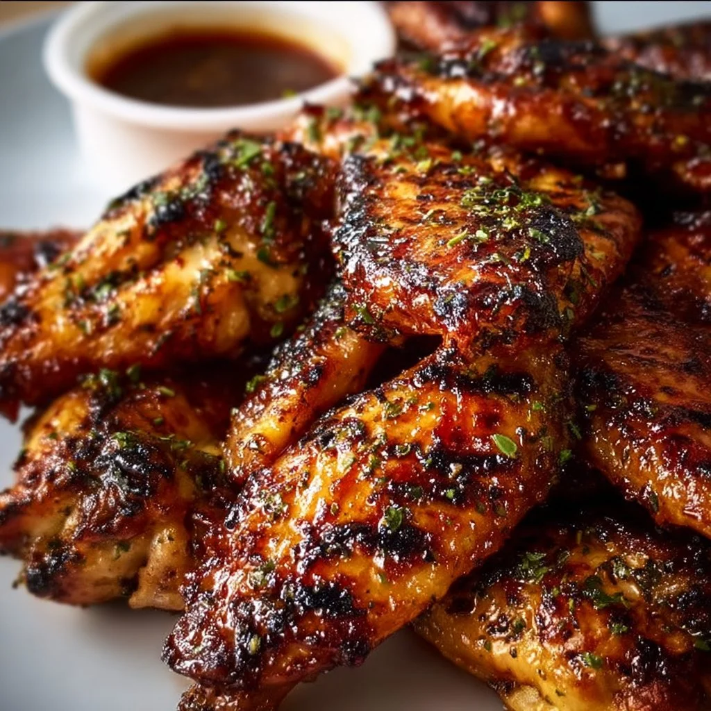 Delicious grilled chicken wings garnished and ready to serve