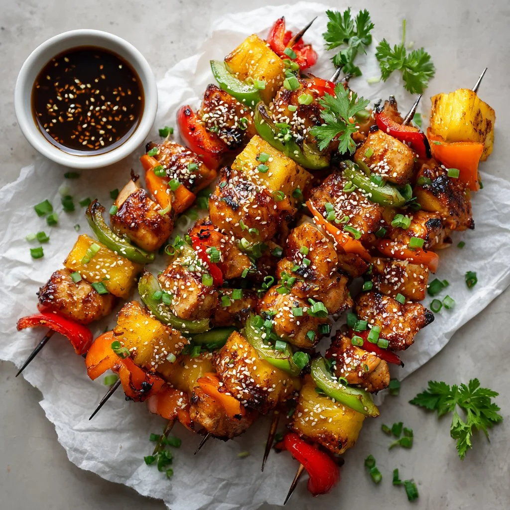 Grilled Pineapple Chicken Kabobs on skewers ready to serve.
