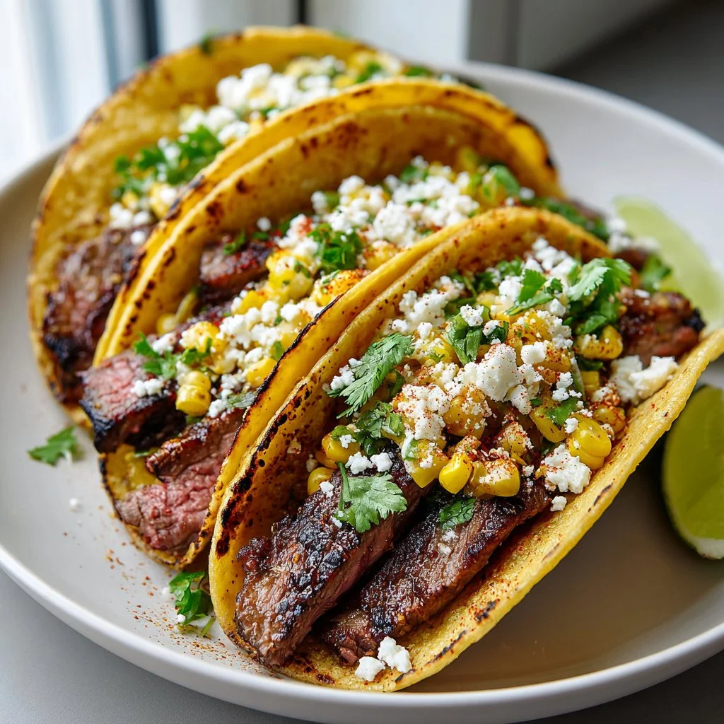 Delicious grilled steak tacos served in corn tortillas with toppings