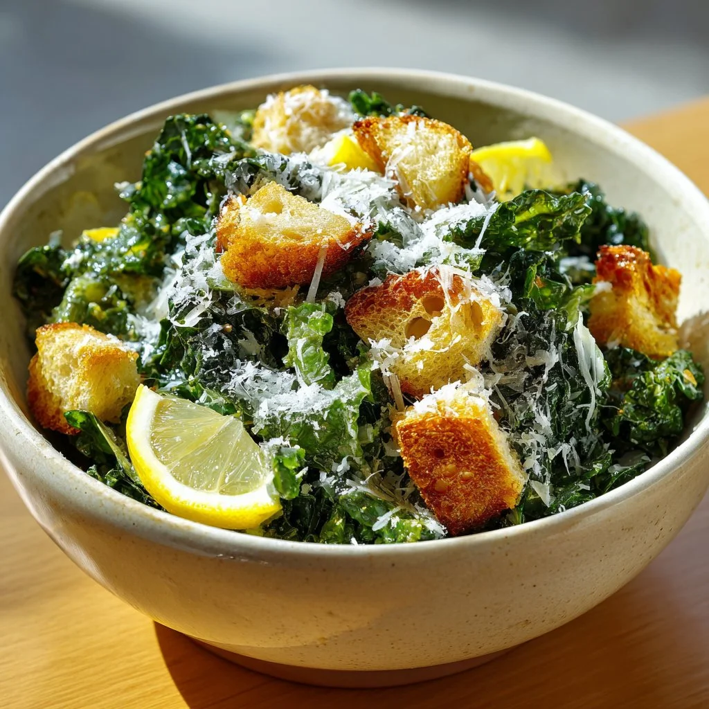 A vibrant Lemon Parm Kale Salad topped with lemon zest and grated Parmesan cheese.