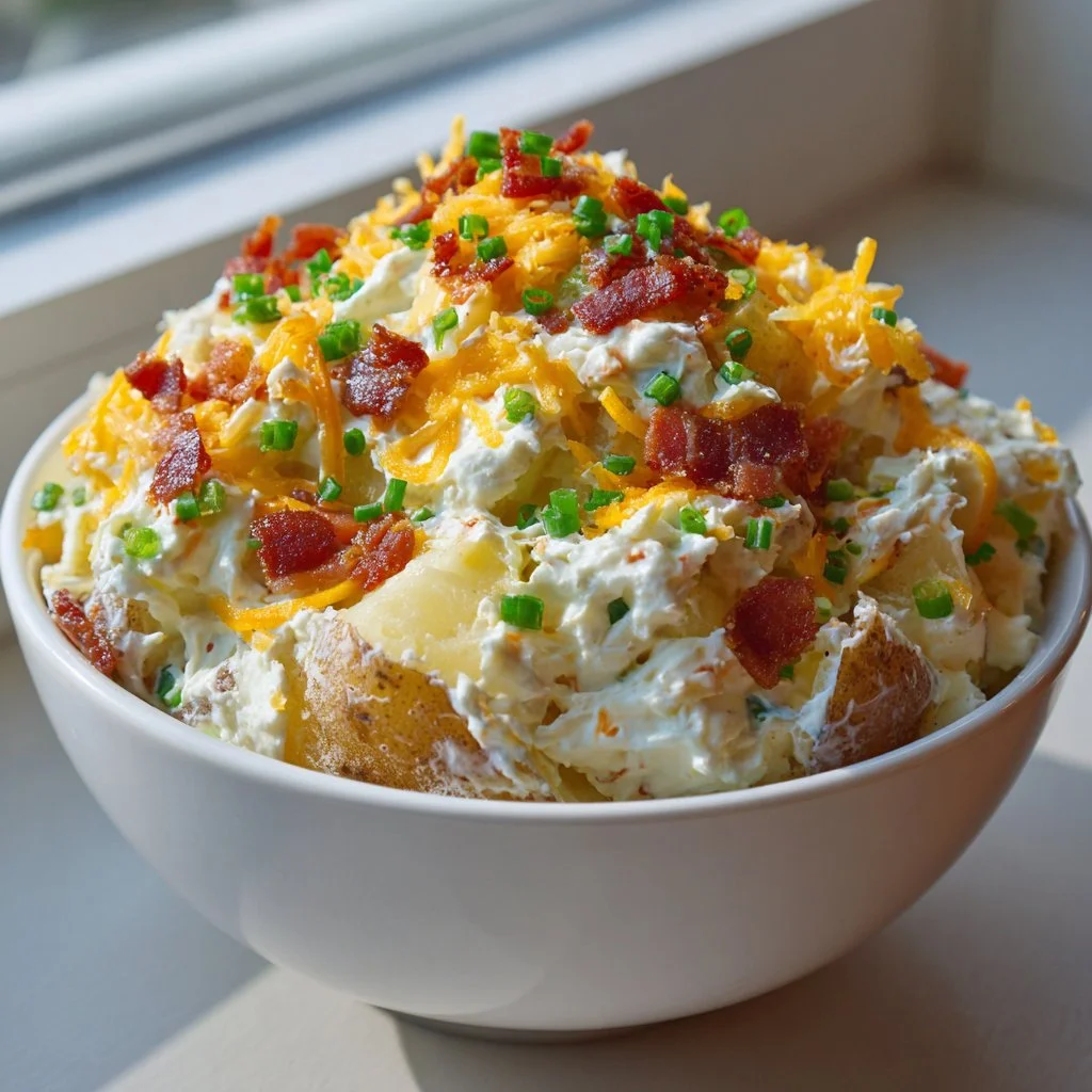 Delicious loaded baked potato salad topped with cheese and bacon
