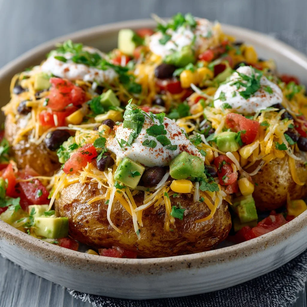 Delicious Loaded Fiesta Potato Bowls topped with fresh ingredients