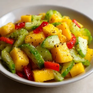 Fresh mango salad garnished with herbs and vegetables