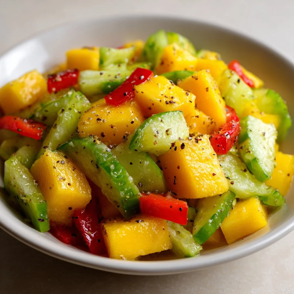 Fresh mango salad garnished with herbs and vegetables