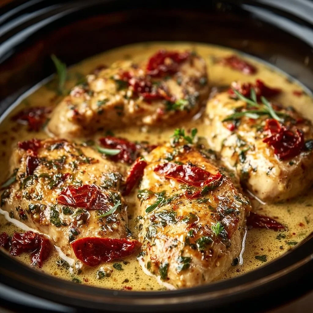 Delicious Marry Me Chicken served in a creamy sauce from a crockpot.