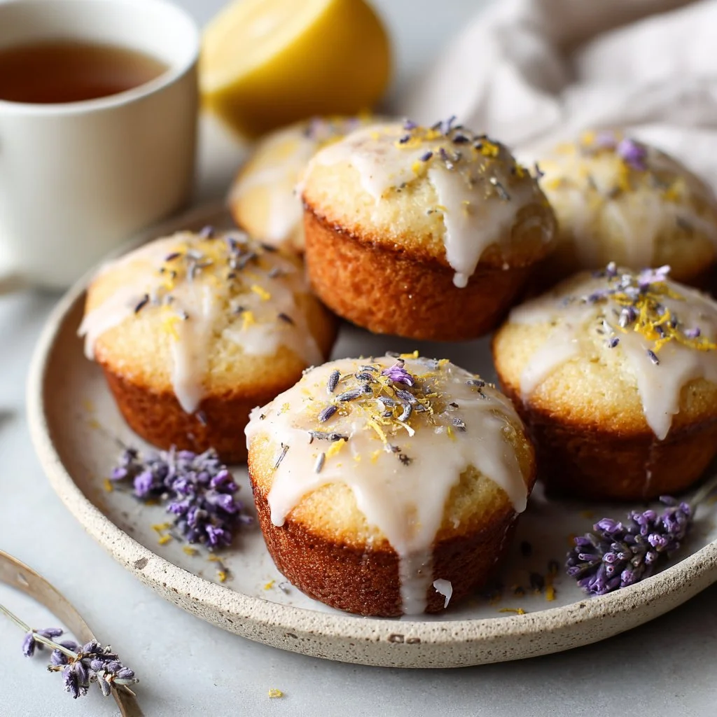 Mini lemon cakes with lavender glaze on a white plate