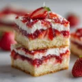 Mother's Day strawberry shortcake bars topped with fresh strawberries and whipped cream
