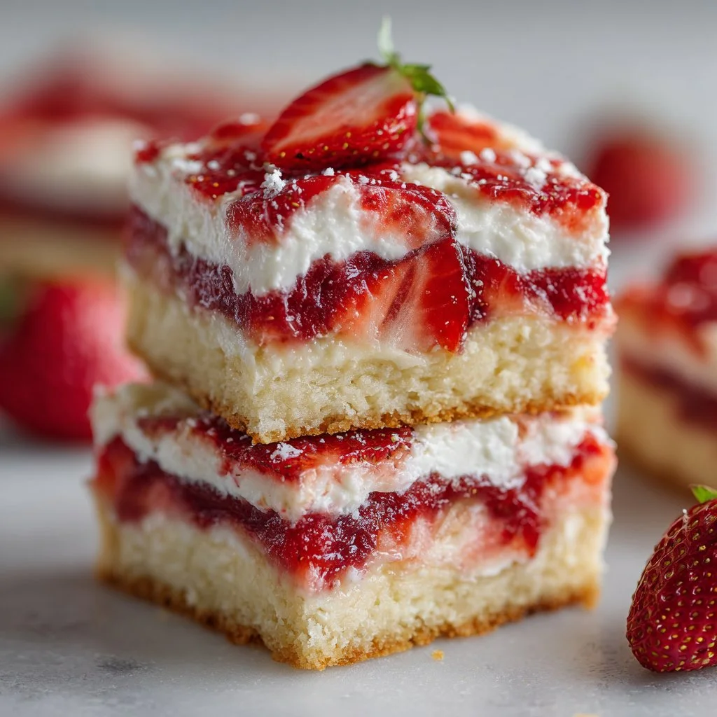 Mother's Day strawberry shortcake bars topped with fresh strawberries and whipped cream