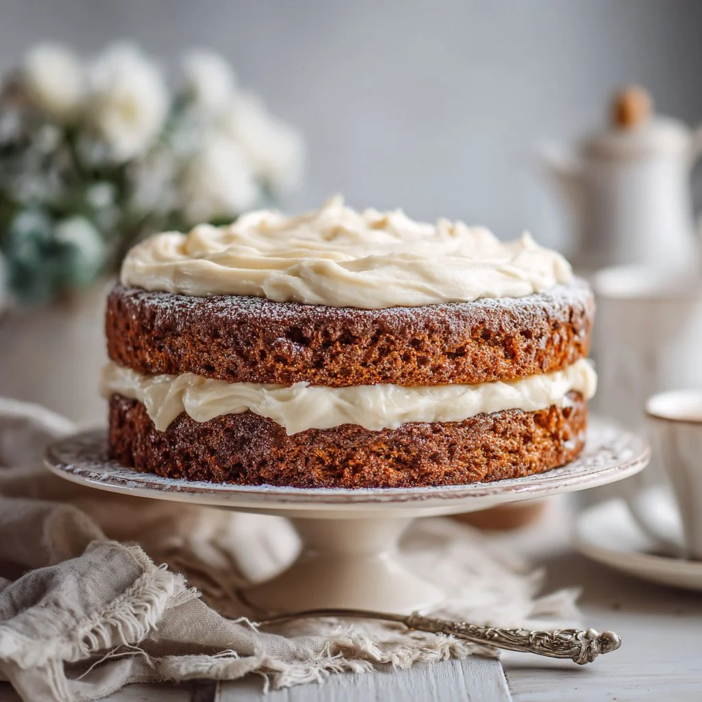 Old fashioned spice cake topped with creamy frosting on a rustic wooden table