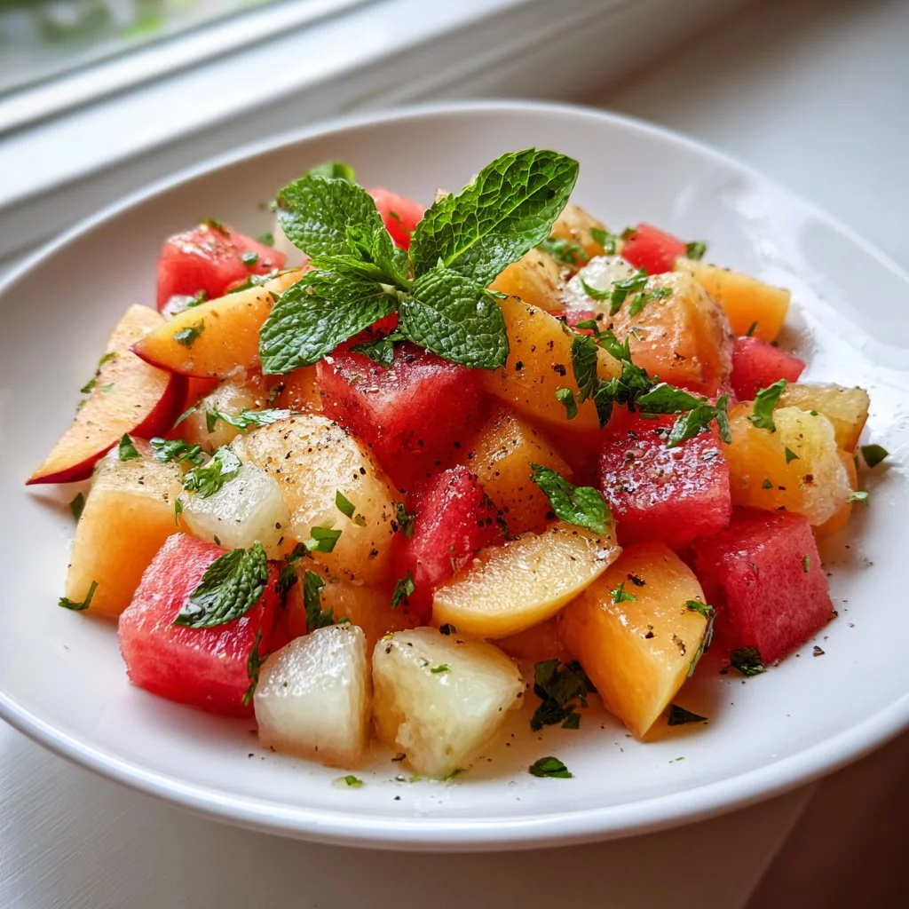 Peach and watermelon summer salad served in a bowl with fresh ingredients.