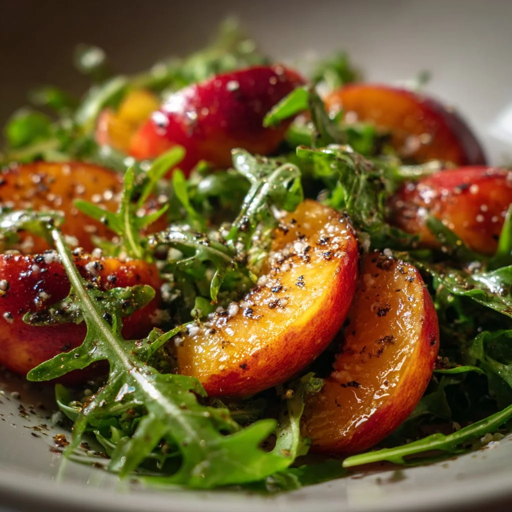 Fresh Peach Arugula Salad with peaches, arugula leaves, and dressing
