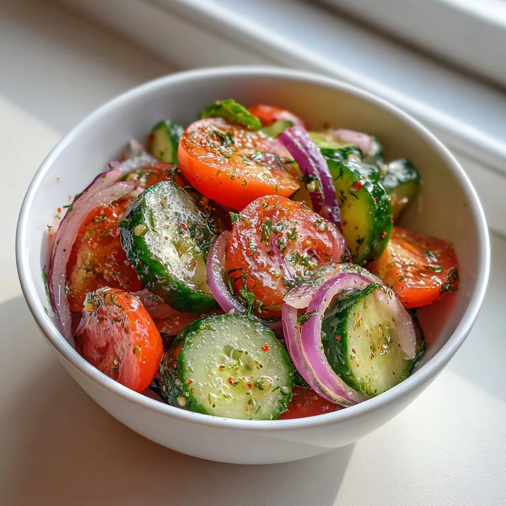 Refreshing cucumber tomato onion salad with a sweet and tangy dressing