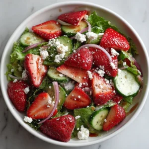 Fresh strawberry feta salad with greens and dressing for a quick meal
