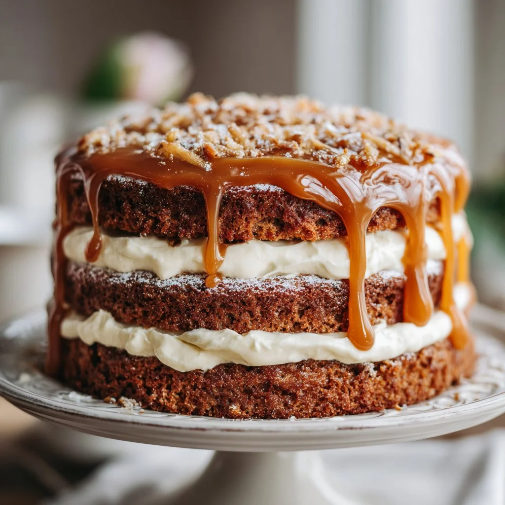 Salted caramel carrot cake with cream cheese frosting and caramel drizzle on top