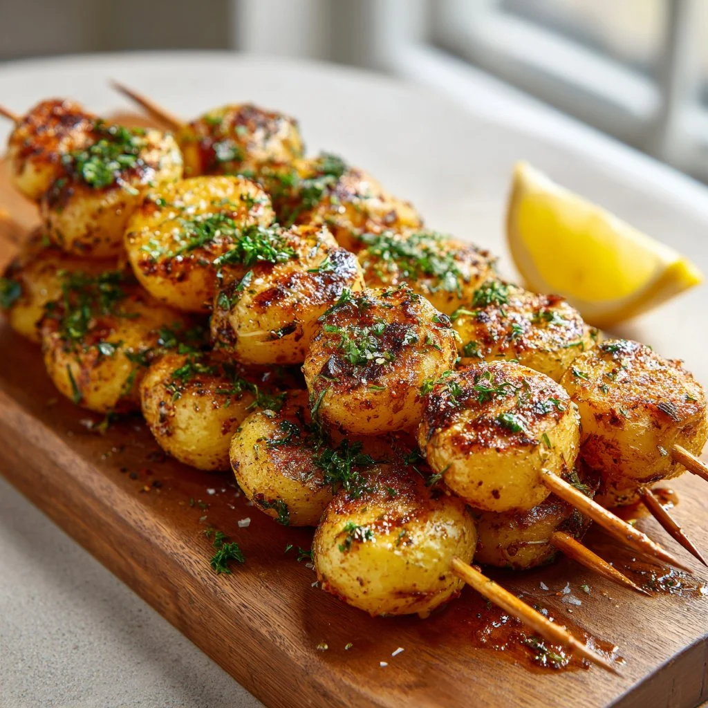 Skewered grilled potatoes ready for a BBQ delight