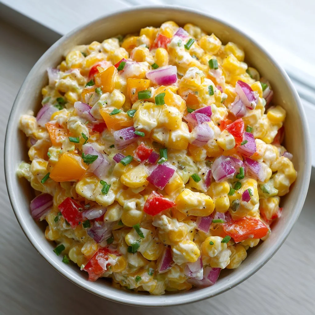 A bowl of delicious Shoepeg Corn Salad topped with fresh herbs and veggies.