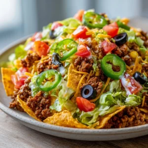 Delicious Simple Doritos Taco Salad with colorful toppings and crunchy Doritos