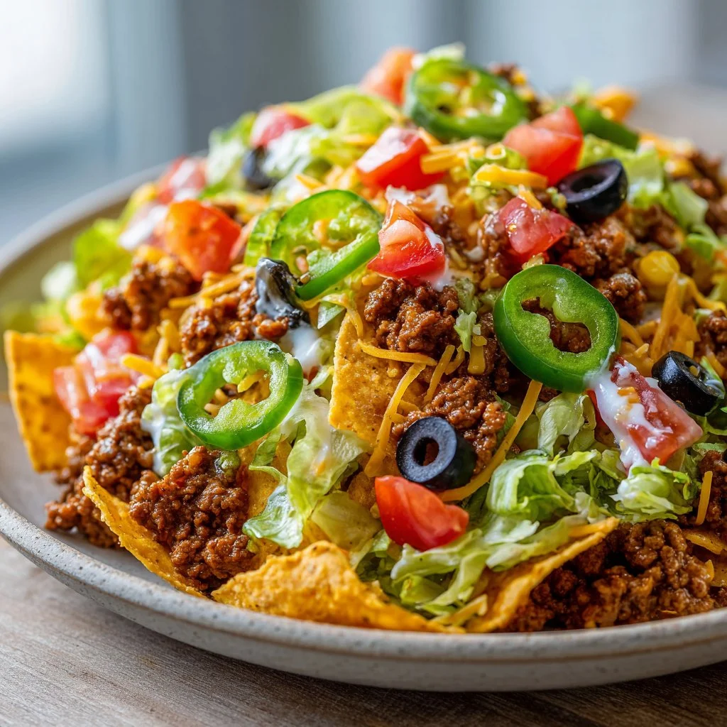 Delicious Simple Doritos Taco Salad with colorful toppings and crunchy Doritos