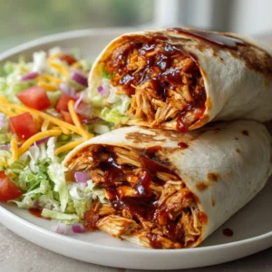 Spicy Honey BBQ Chicken Wraps on a plate, garnished with fresh vegetables