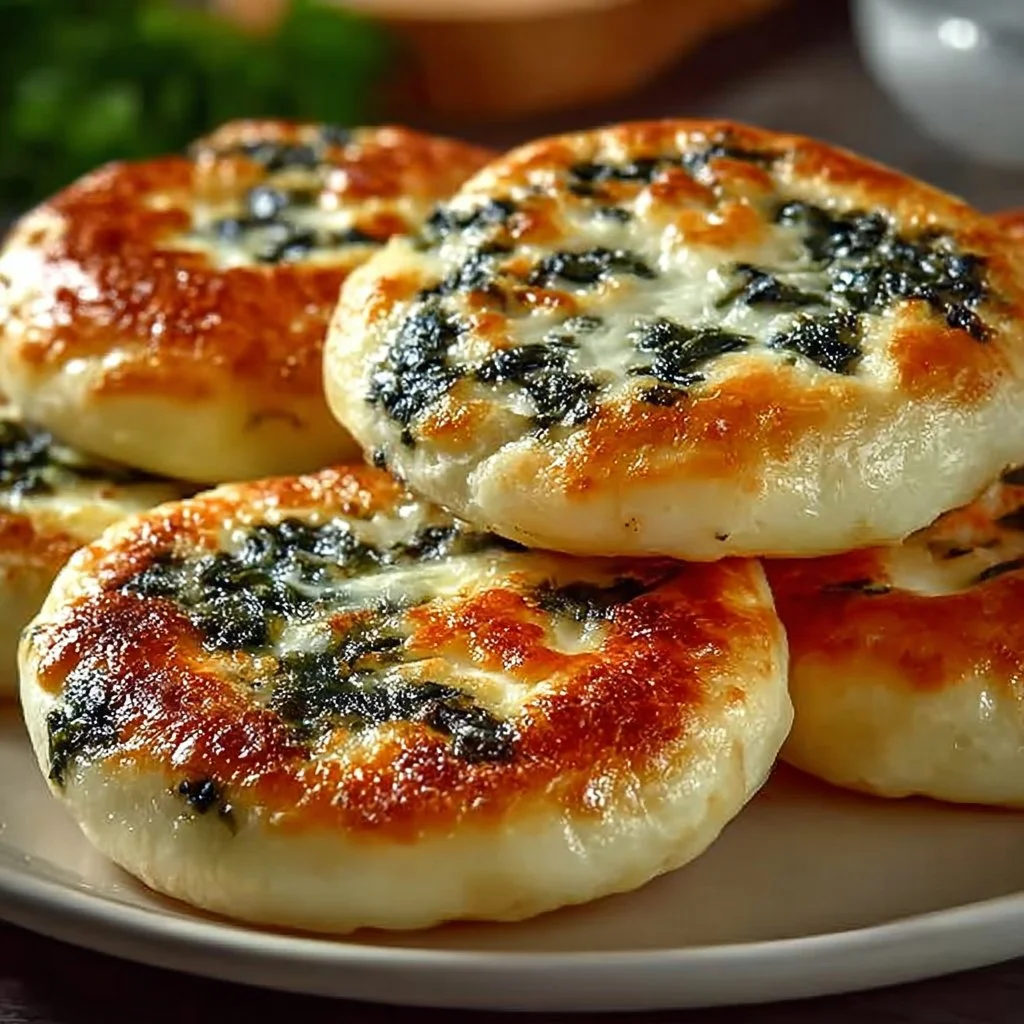 Freshly baked spinach cottage cheese flagels on a wooden board