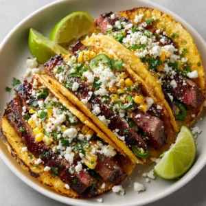 Plate of delicious Steak Elote Tacos topped with elote and fresh ingredients.
