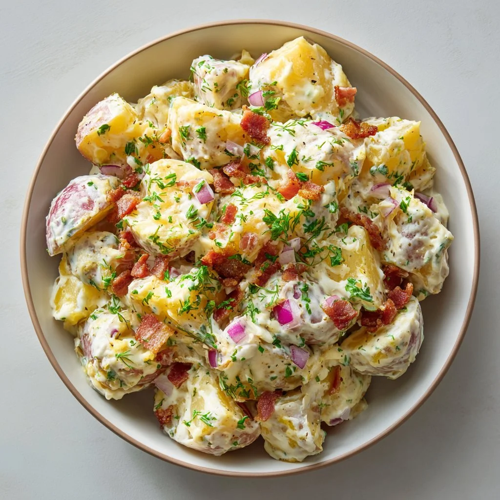 Creamy steakhouse potato salad served in a bowl with fresh herbs and spices