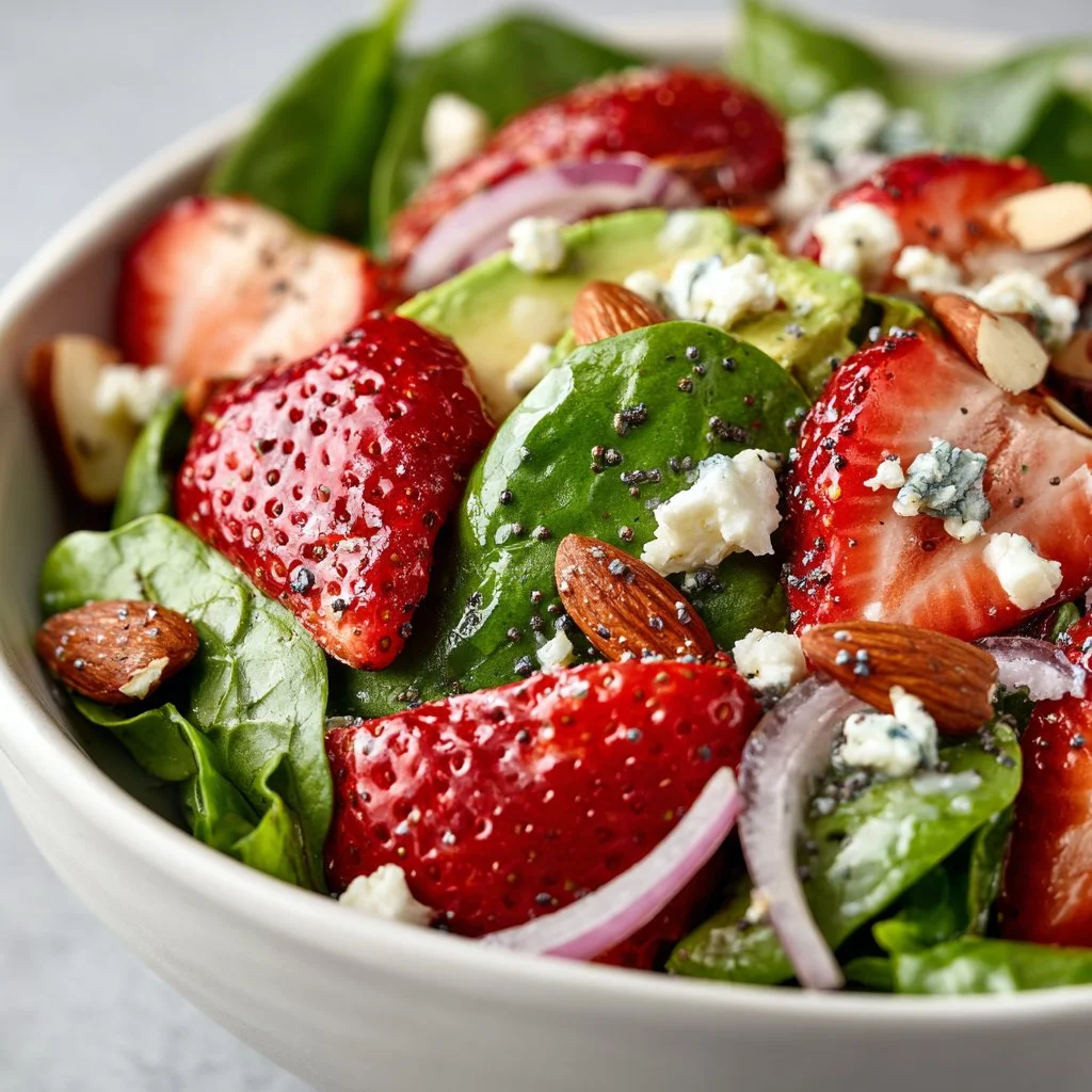 Colorful Strawberry Avocado Salad with spinach in a bowl
