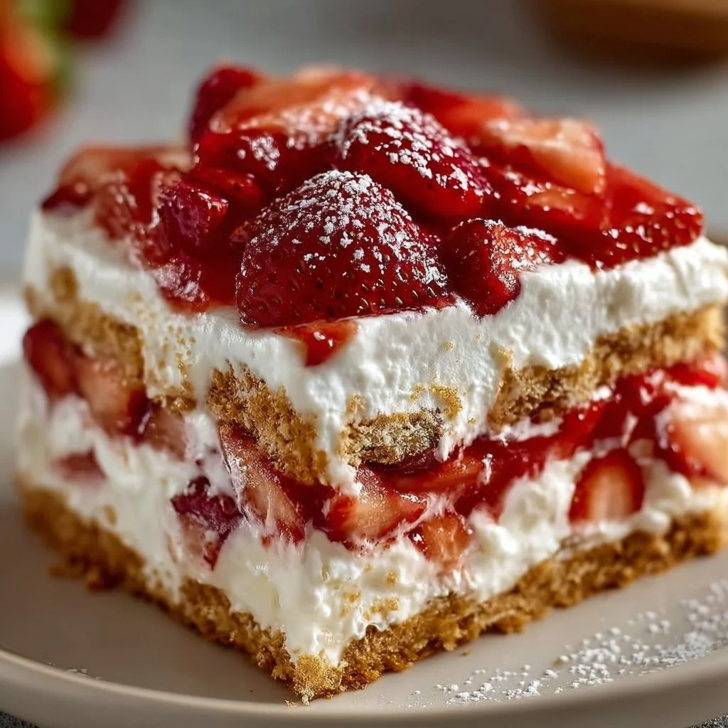 Delicious strawberry cream cheese icebox cake garnished with fresh strawberries