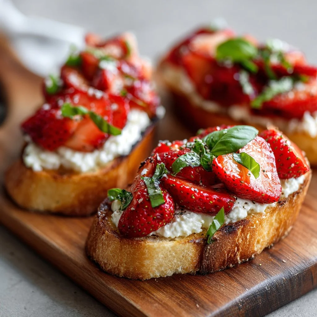 Plate of Strawberry Ricotta Bruschetta topped with fresh strawberries and mint