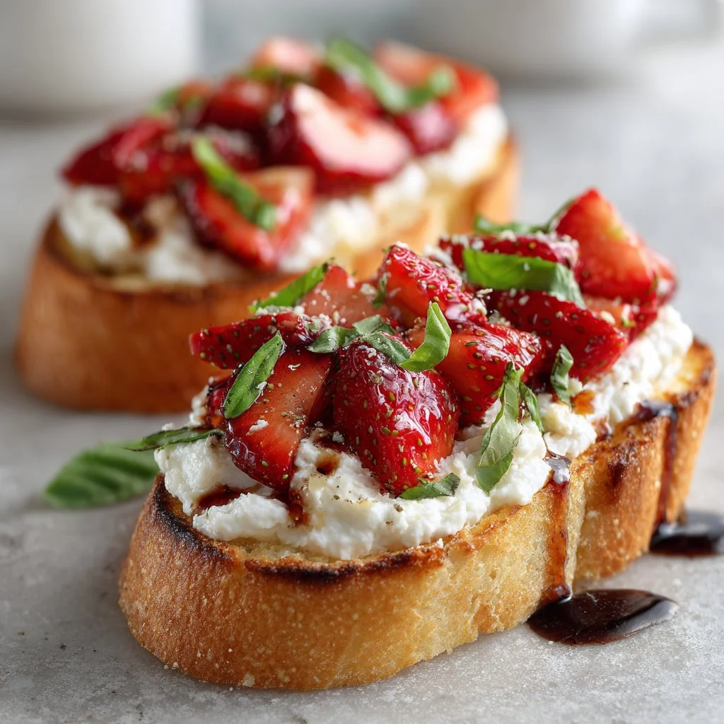 Strawberry ricotta bruschetta topped with fresh strawberries and mint on toasted bread
