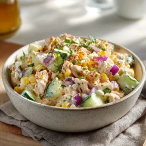 Street Corn Creamy Cucumber Chicken Salad recipe featuring fresh ingredients.