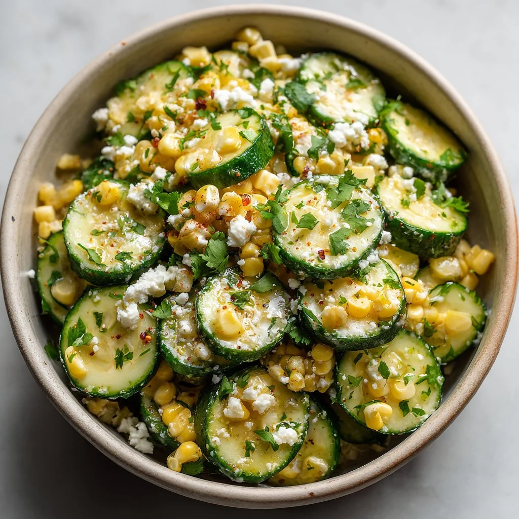 Delicious street corn cucumber salad garnished with fresh herbs.