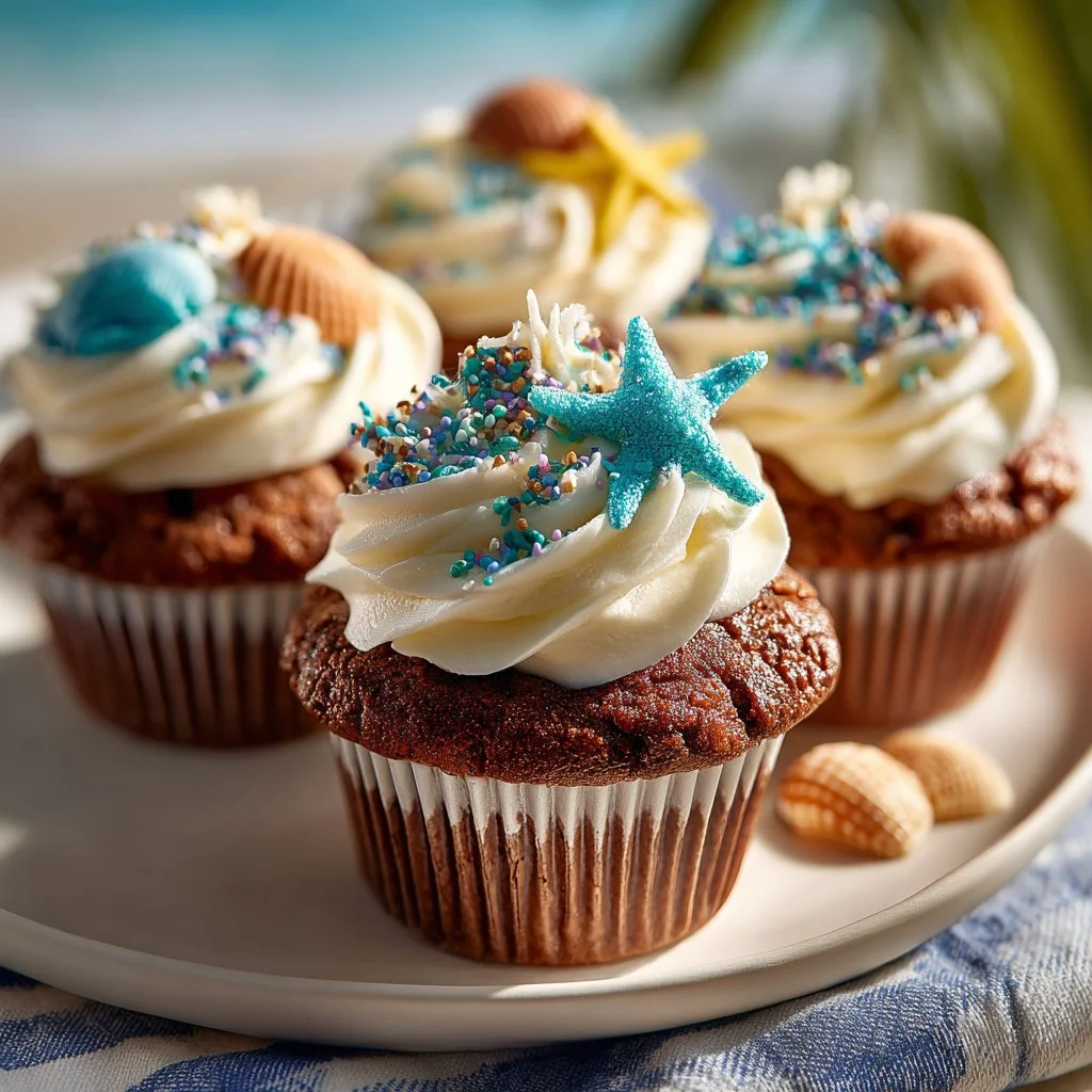 Colorful summer beach party cupcakes with beach-themed decorations