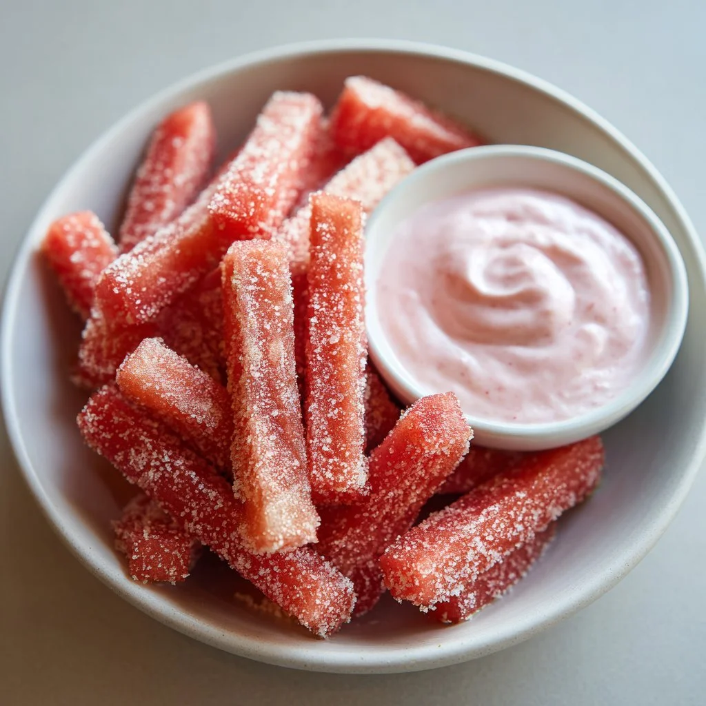 Delicious TikTok watermelon fries with a strawberry yogurt dip
