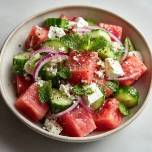 Refreshing watermelon cucumber salad with feta cheese and mint garnish