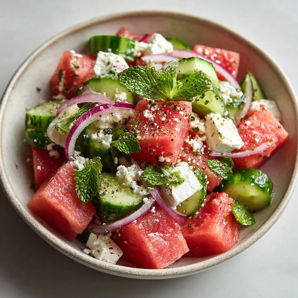 Refreshing watermelon cucumber salad with feta cheese and mint garnish