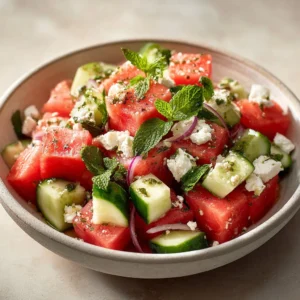 Watermelon salad with cucumber and feta cheese in a bowl