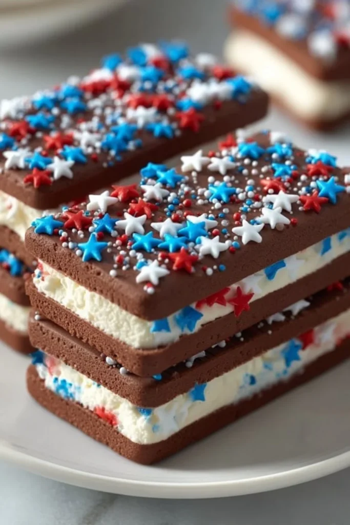 4th of July mini ice cream sandwiches with red, white, and blue sprinkles