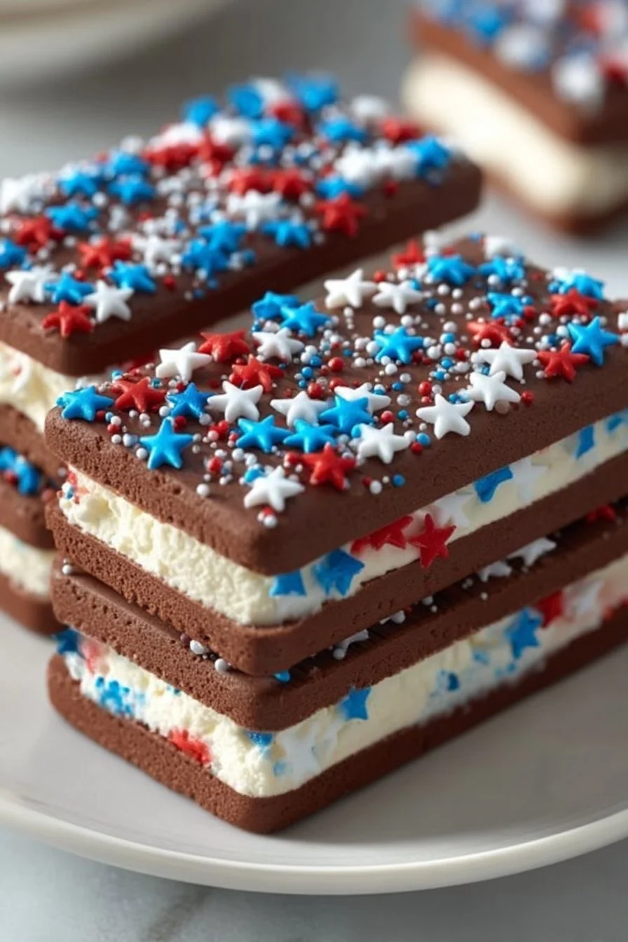 4th of July mini ice cream sandwiches with red, white, and blue sprinkles