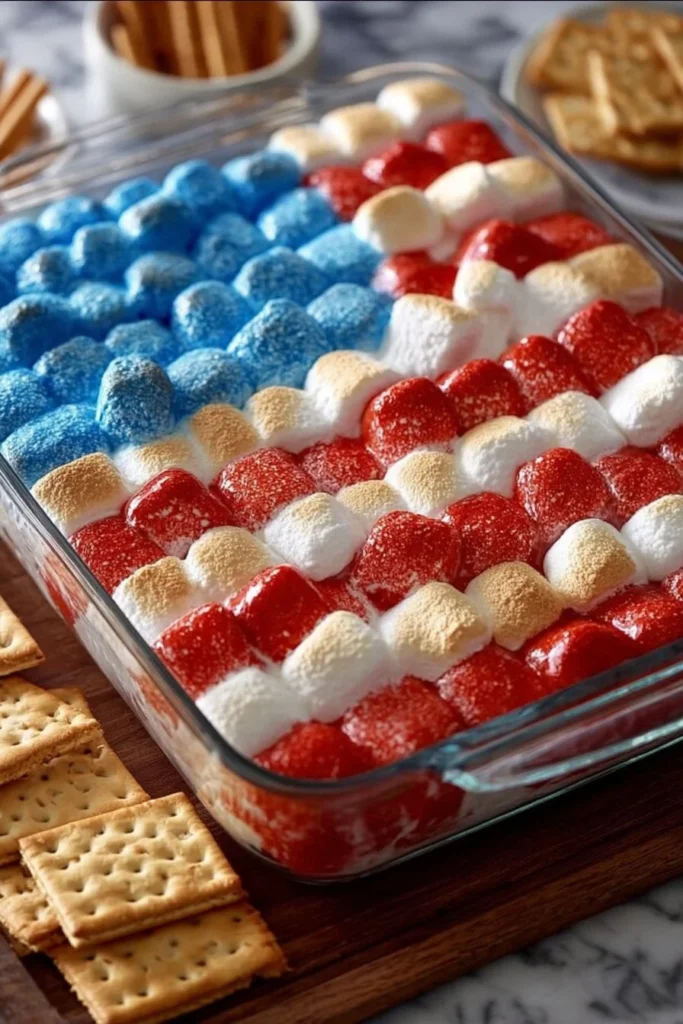 Delicious 4th of July S'mores Dip dessert in a serving dish