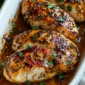 Baked honey mustard chicken breasts served on a white plate with herbs.