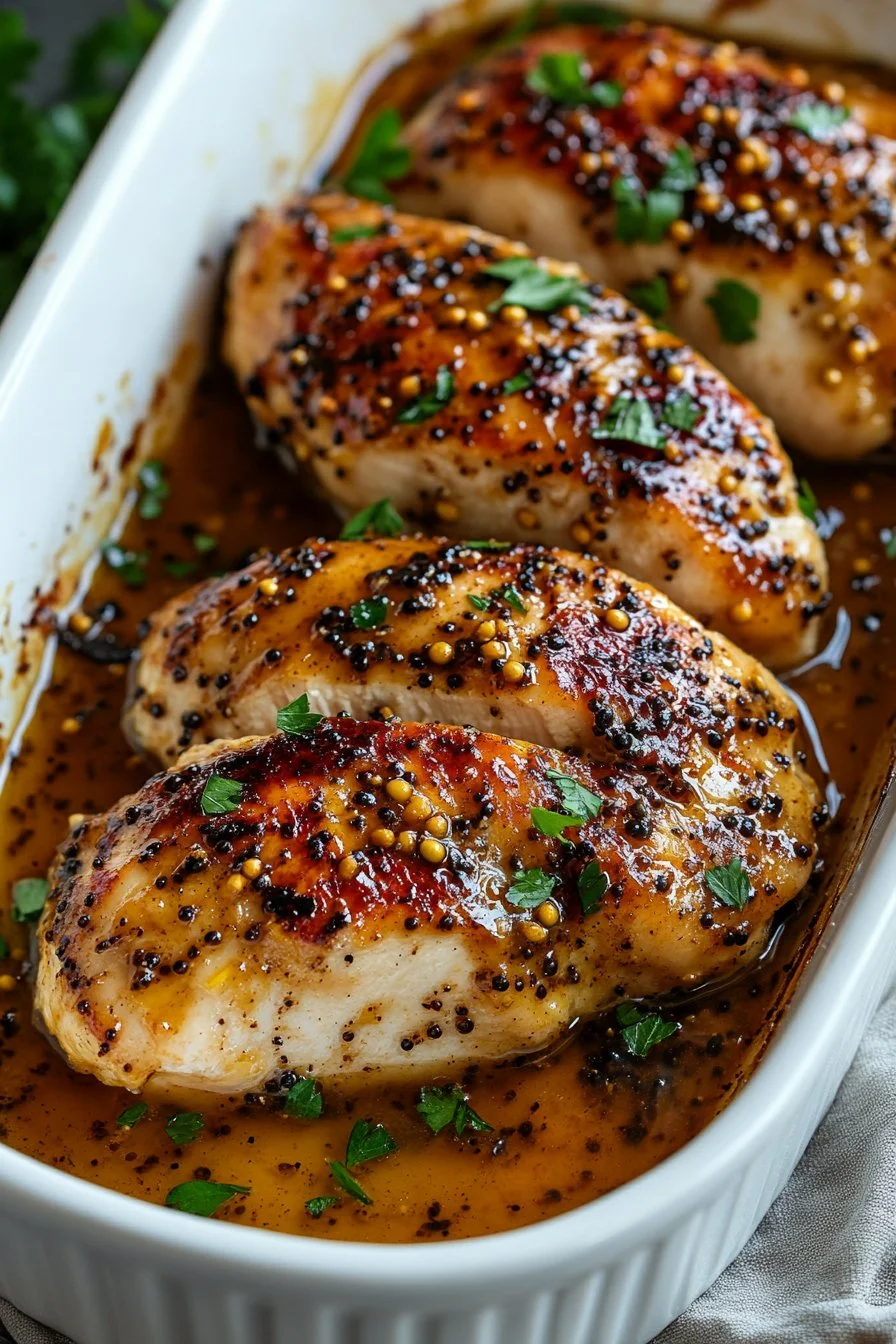 Baked honey mustard chicken breasts served on a white plate with herbs.