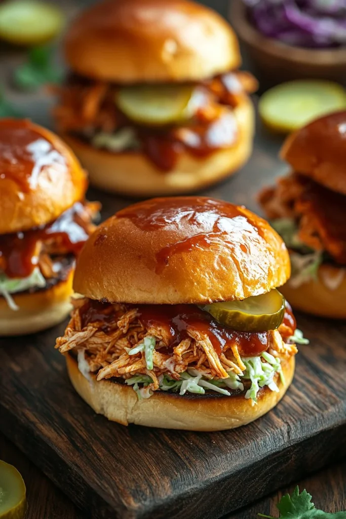 BBQ pulled chicken sliders served on fluffy Hawaiian rolls.