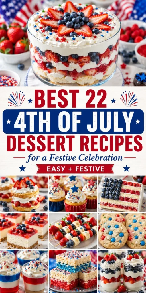 Delicious 4th of July desserts including cakes, cookies, and treats for celebration.
