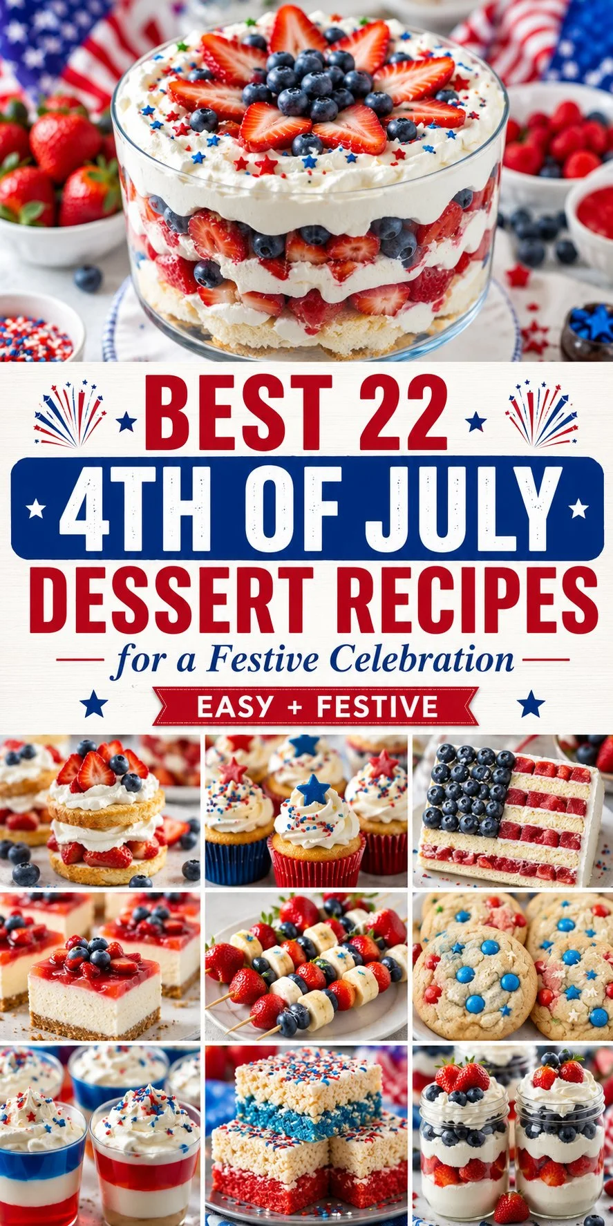 Delicious 4th of July desserts including cakes, cookies, and treats for celebration.